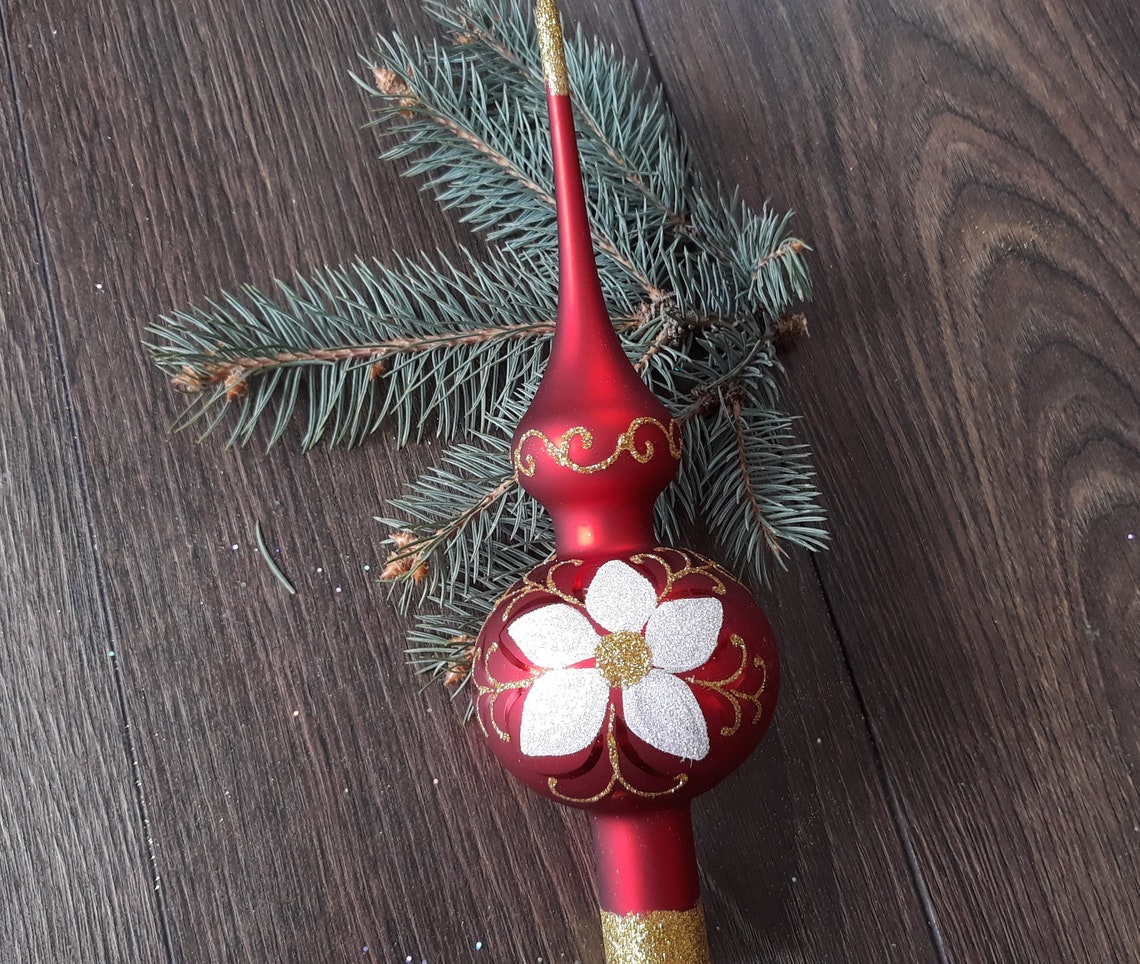 Glass Spire Tree Topper Red Silver Accents Christmas Finial Etsy