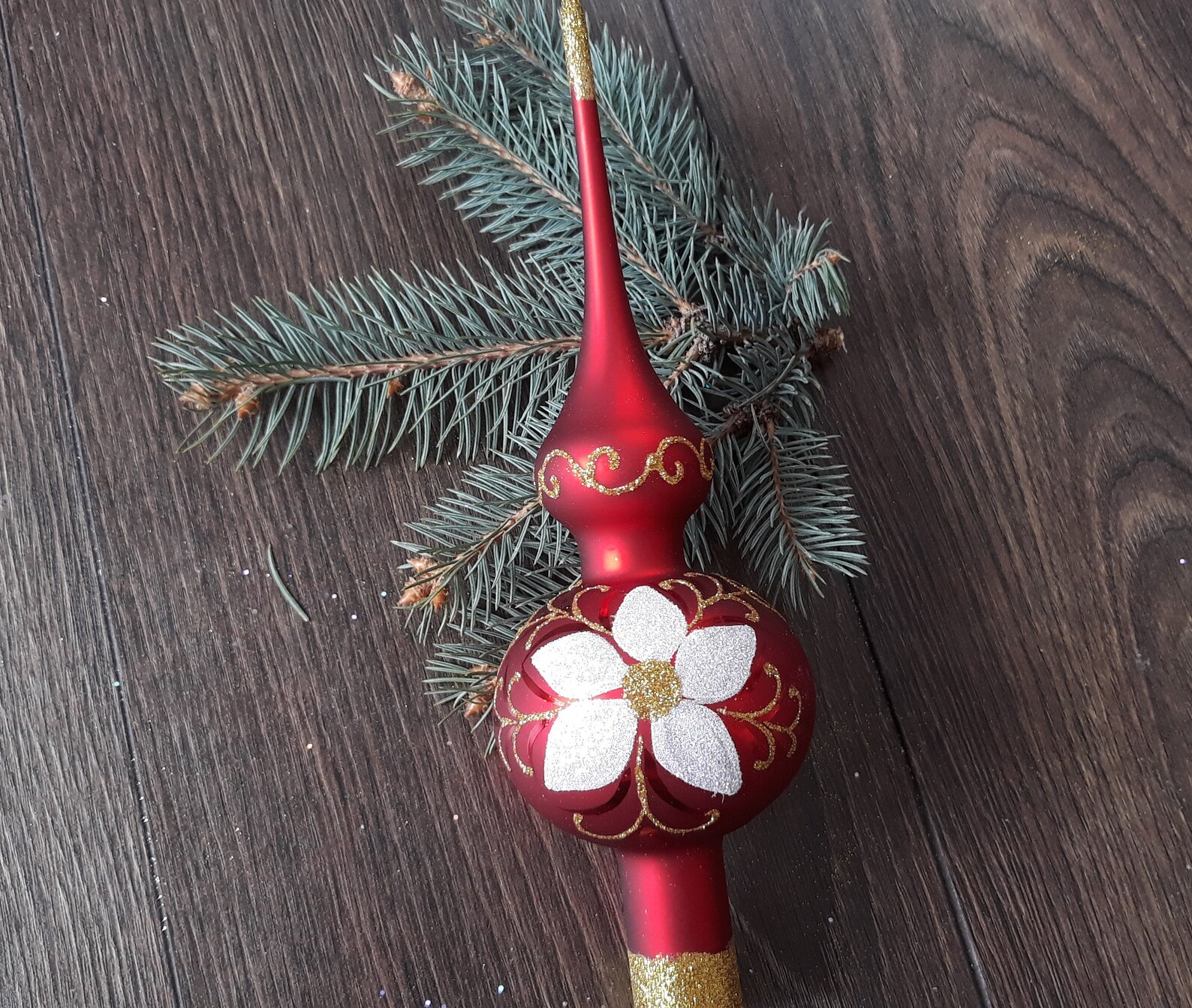 Glass Spire Tree Topper Red Silver Accents Christmas Finial Etsy
