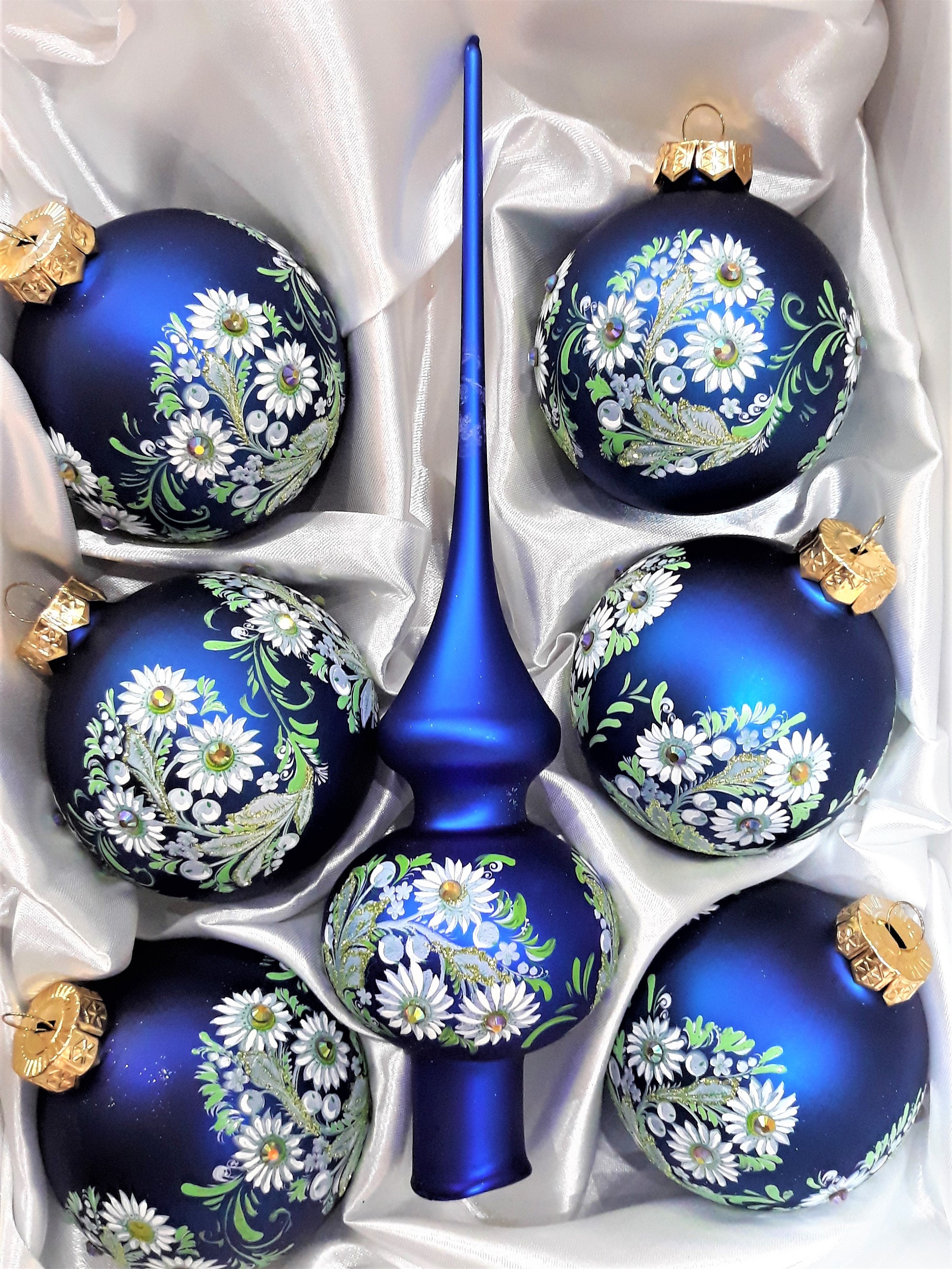 Set of Blue Christmas Glass Tree Topper + 6 Christmas Glass Ornaments ...
