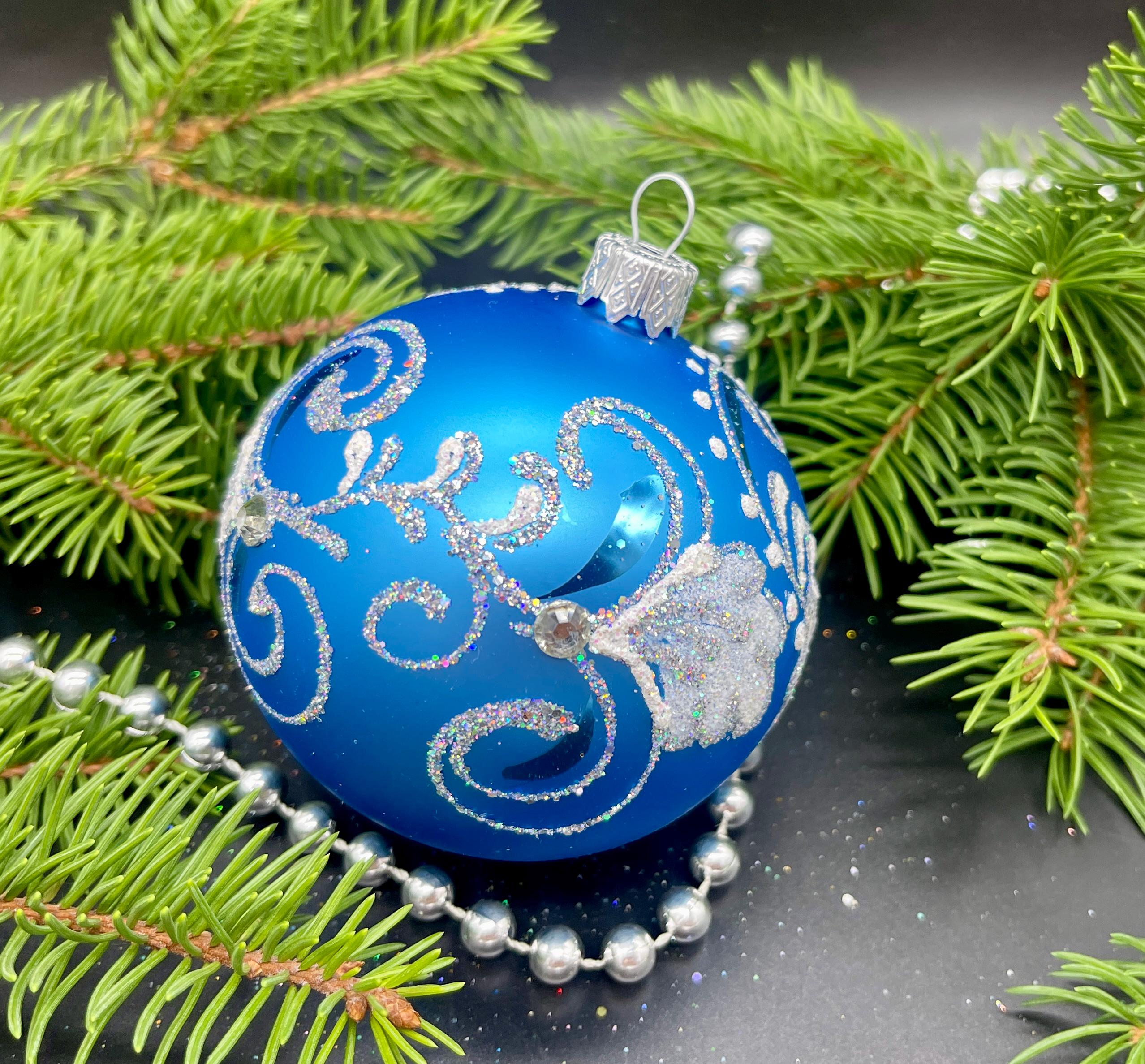 青い手描きのクリスマスガラスオーナメント、カスタムオーナメント