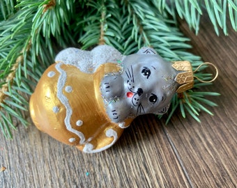 猫のクリスマスガラスオーナメント、吹きガラスのクリスマス、手作りの