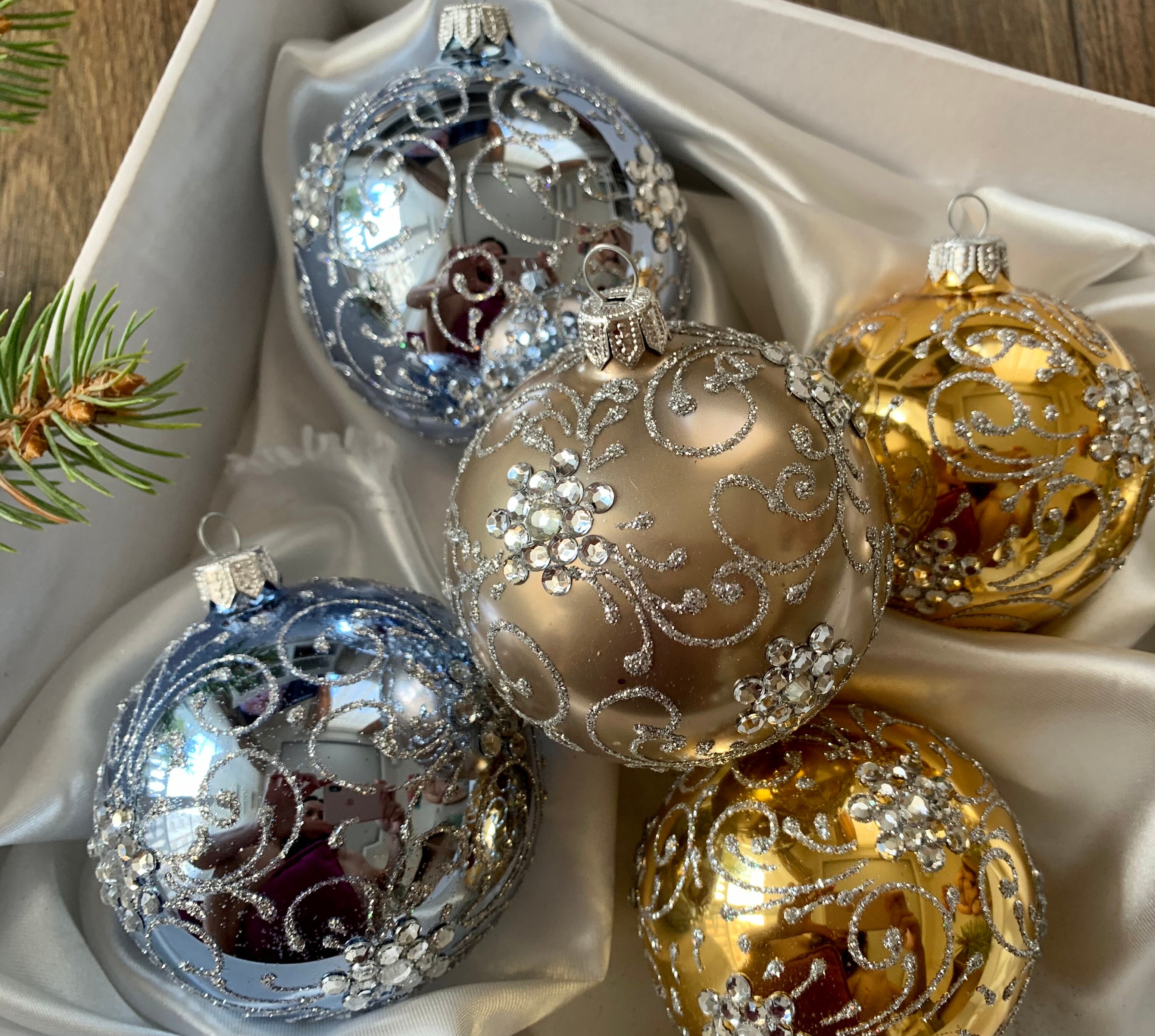 クリスマスガラスオーナメント6個セット、クリスマスギフト、吹き