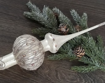 Silver Tree Topper,Christmas glass tree topper 10.8 inch,Blown Glass Xmas Ornament,Traditional Classic Finial, Unique Festive European Top