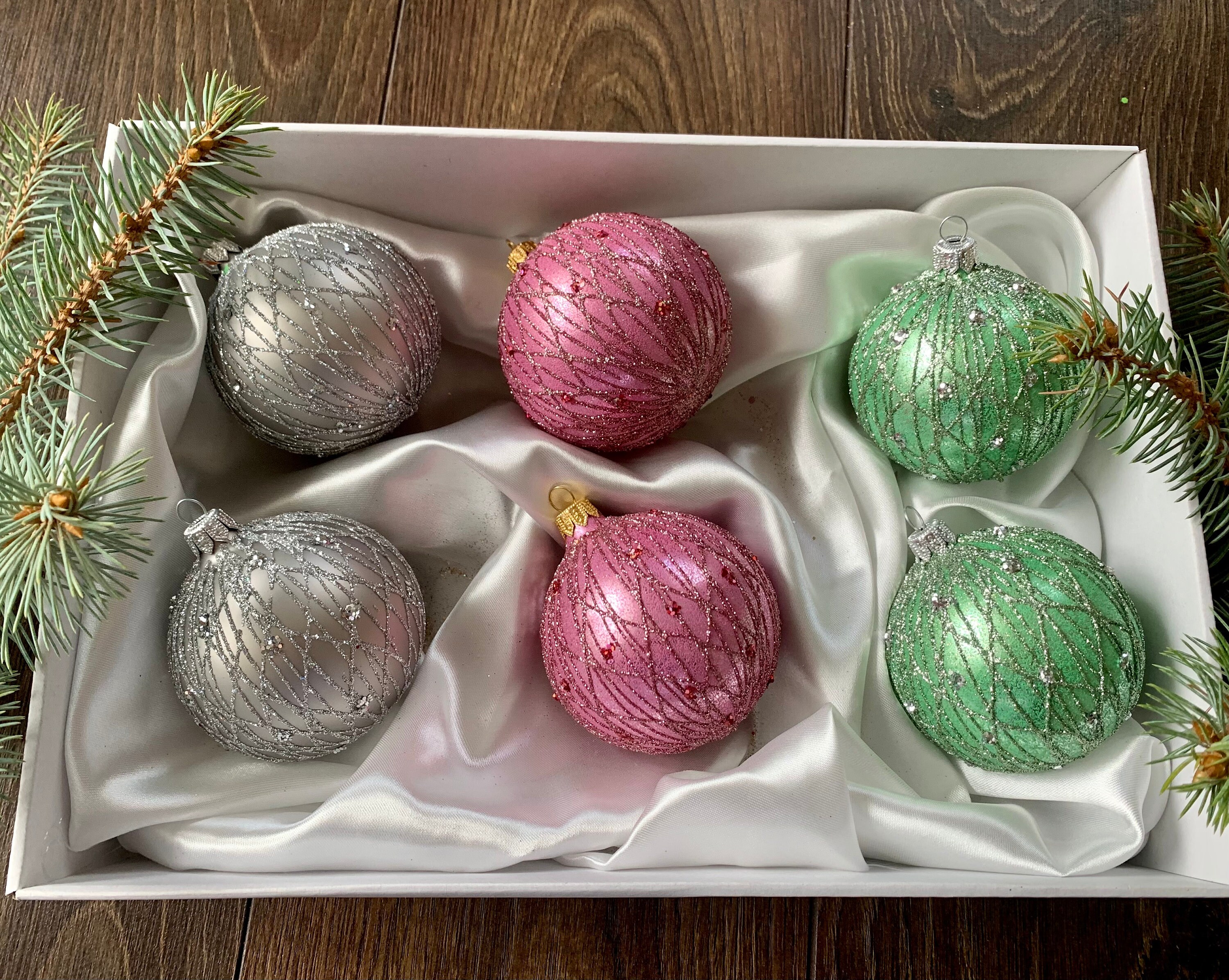 クリスマスガラスオーナメント6個セット、クリスマスギフト、吹き