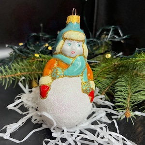 Boy play with snow Christmas glass ornaments, Blown Glass Christmas, Handmade Christmas glass ornament, Christmas decoration 2023