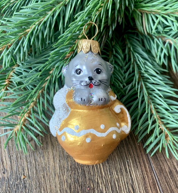 猫のクリスマスガラスオーナメント、吹きガラスのクリスマス、手作りの 猫のクリスマスガラスオーナメント、吹きガラスのクリスマス、手作りの