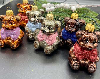ソビエト　ガラスオーナメント　アコーディオンくまさん　クリスマスオーナメント 8匹のクマとリボンのガラス製クリスマスオーナメント、手描きの