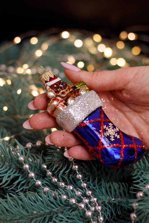 サンタのブーツのクリスマスガラスオーナメント、ガラスクリスマス