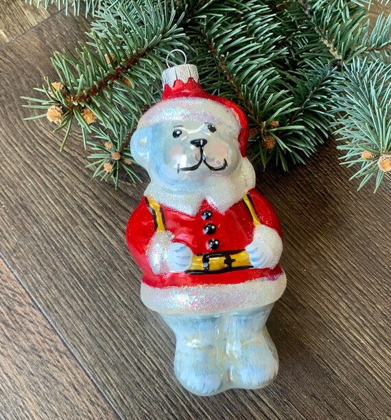 クマのサンタのクリスマスガラスオーナメント、吹きガラスの