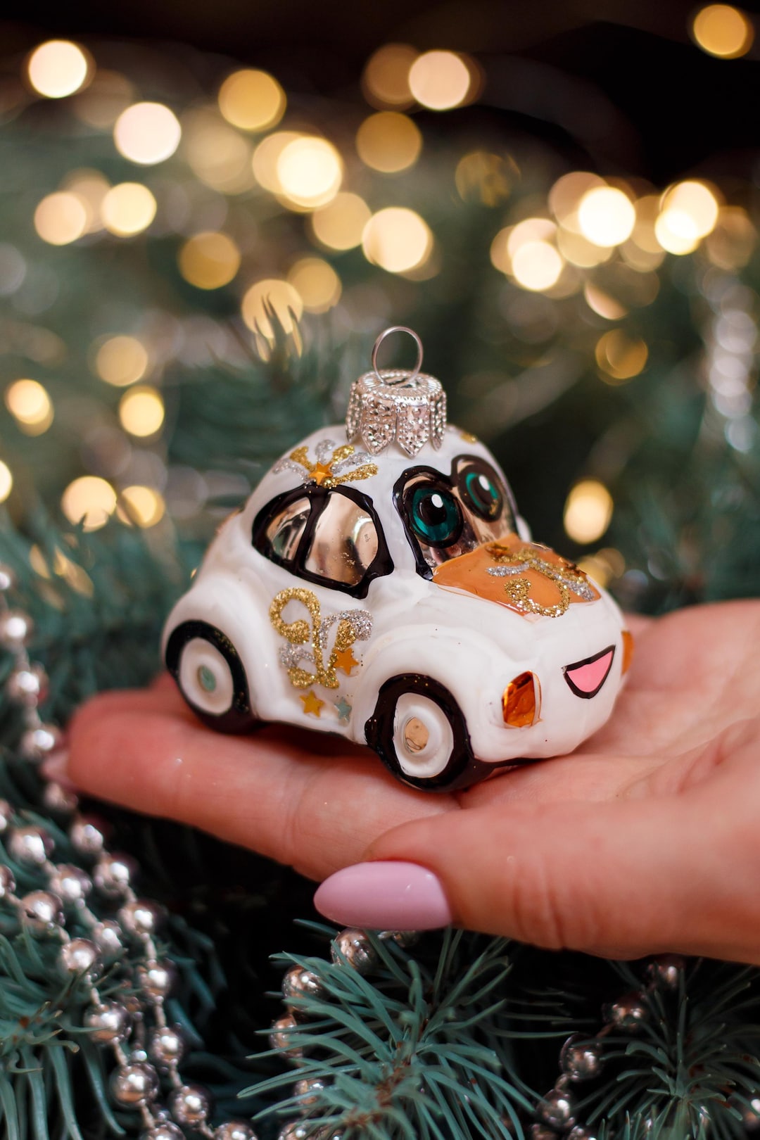 車用クリスマスガラスオーナメント、吹きガラスクリスマス、手作り
