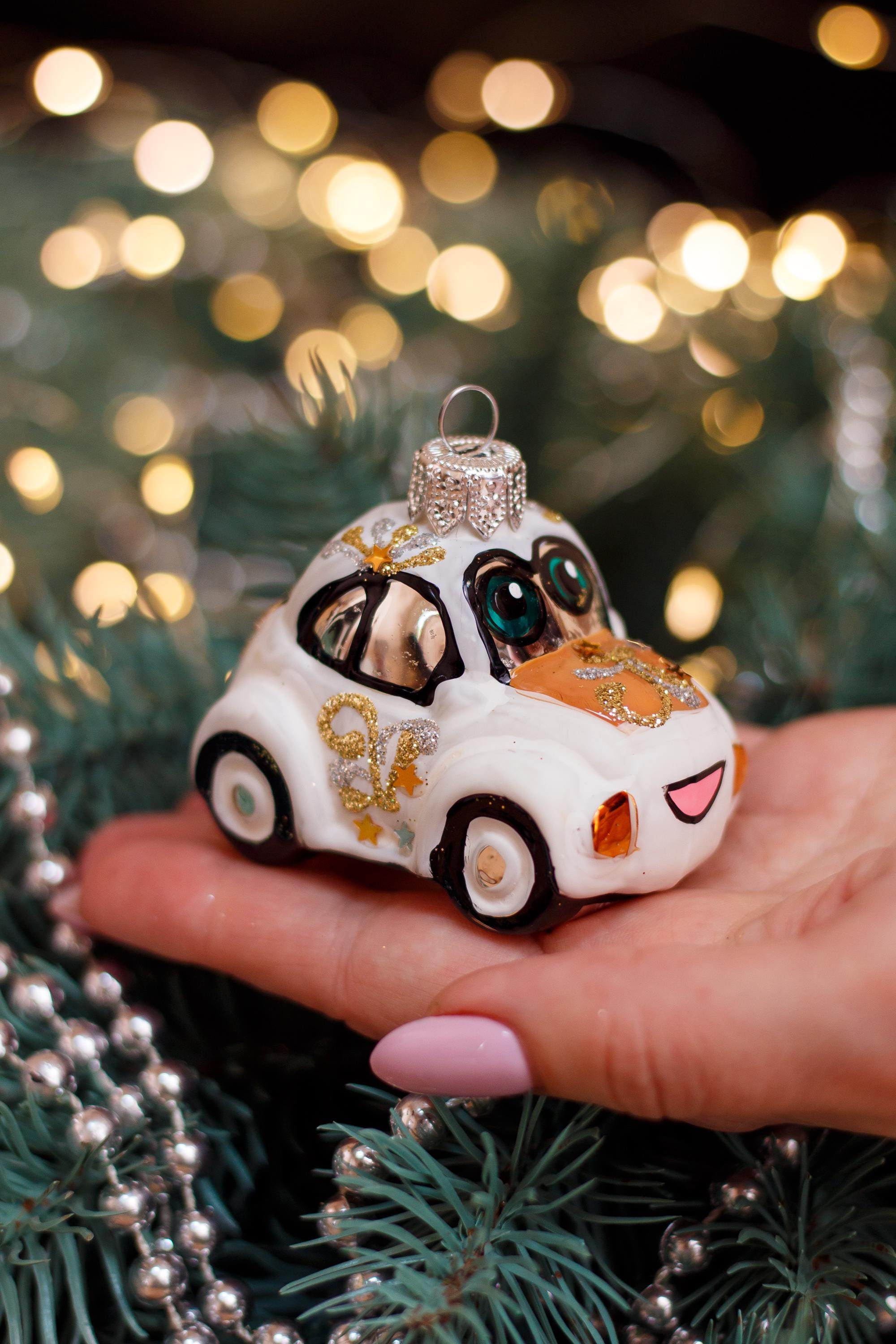 車用クリスマスガラスオーナメント、吹きガラスクリスマス、手作り