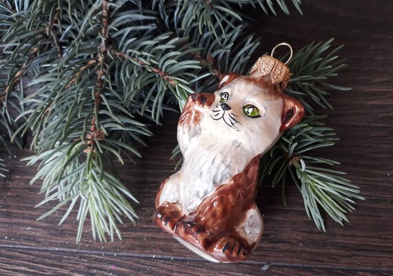 猫のクリスマスガラスオーナメント、吹きガラスクリスマス、手作り