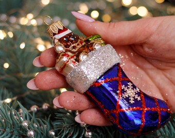 サンタのブーツのクリスマスガラスオーナメント、ガラスクリスマス