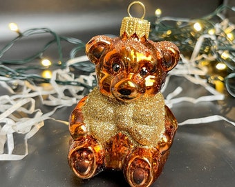クマのクリスマスガラスオーナメント、吹きガラスのクリスマス、手作り