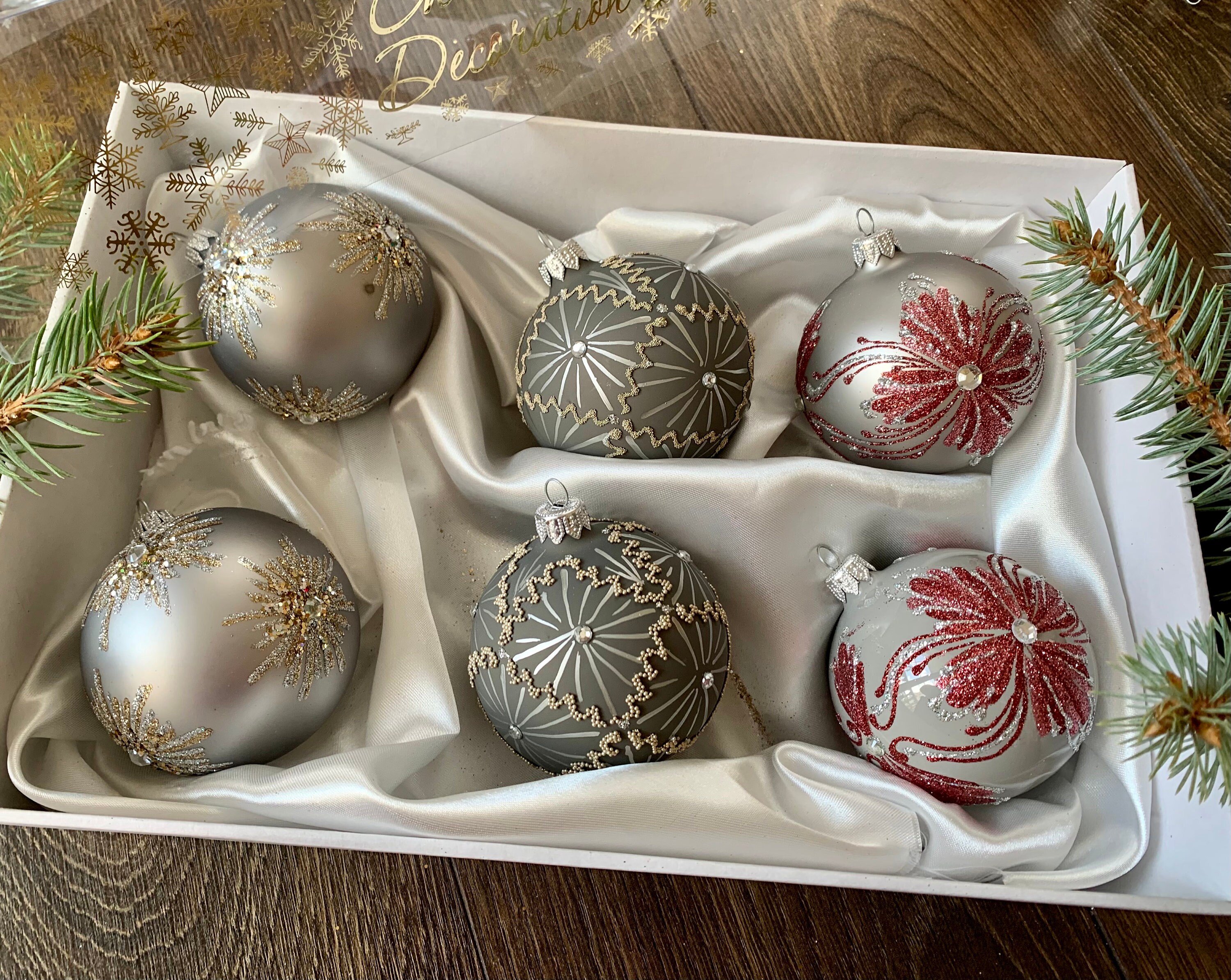 クリスマスガラスオーナメント6個セット、クリスマスギフト、吹き