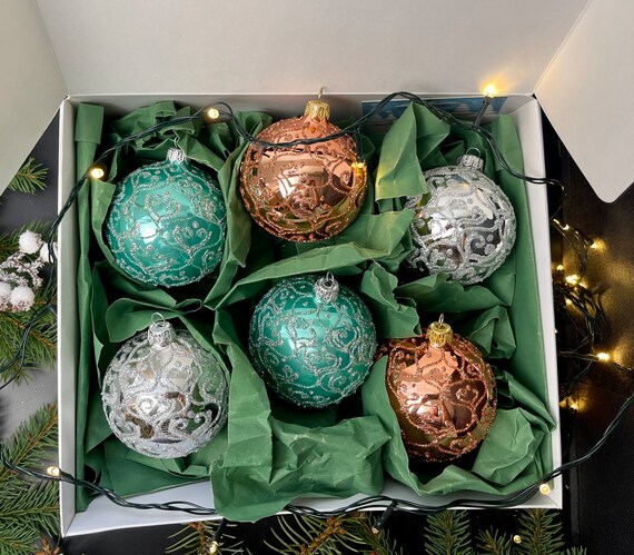 ガラスオーナメント6点 オーストリア製手吹きガラス玉ハンドペイント