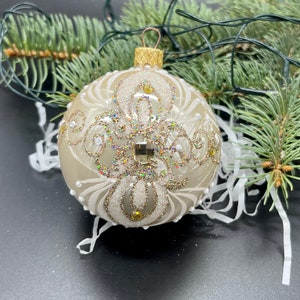 Beige Hand-painted christmas glass ornaments ,Xmas 2025, Winter decor, Gifts ideas, Holiday decor, Handmade Christmas glass ball