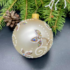 Beige Hand-painted christmas glass ornaments ,Handmade glass,Xmas 2025,Holiday decor, Gift ideas, Winter decor, Christmas crafted decor