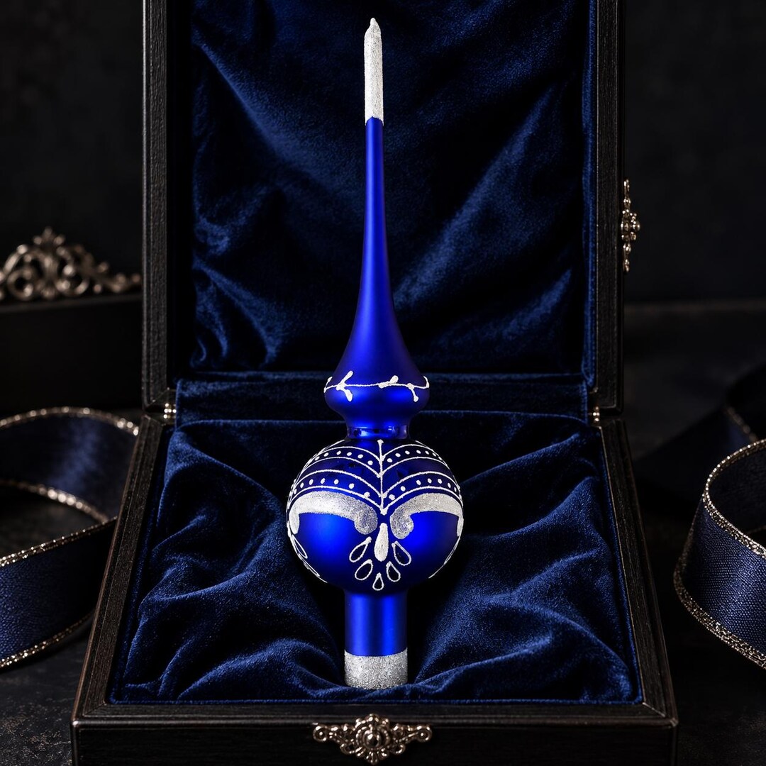 Royal Blue Glass Tree Topper – Silver Geometric Hand-painted Christmas ...