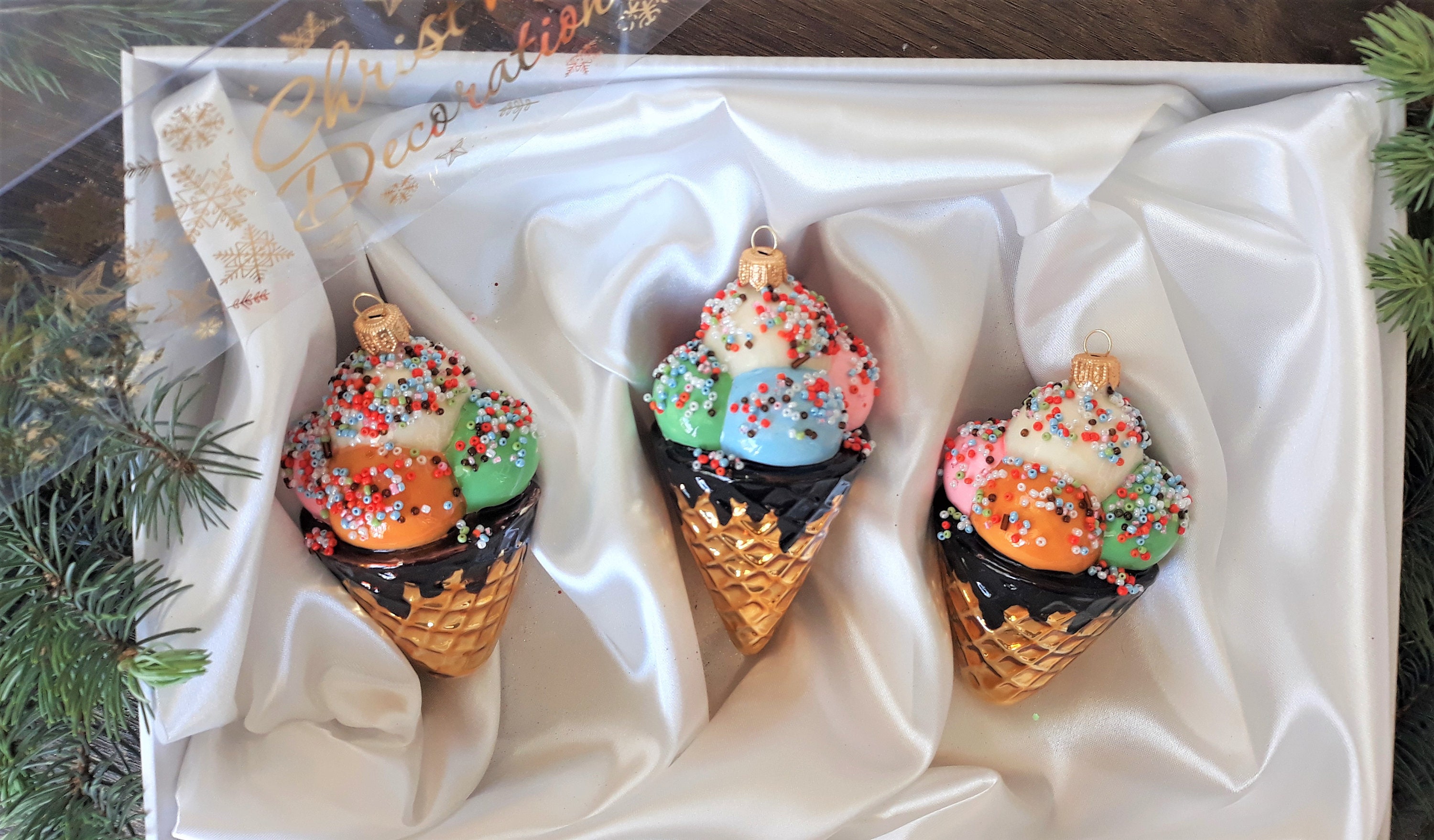 Set of 3 ice creams Christmas glass ornamentsChristmas Etsy
