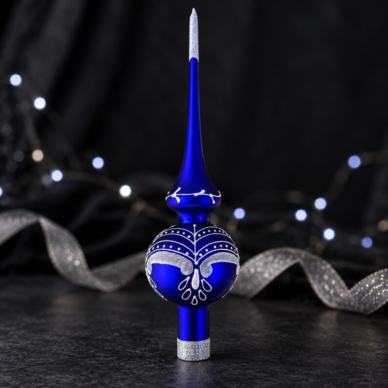 Royal Blue Glass Tree Topper – Silver Geometric Hand-painted Christmas ...