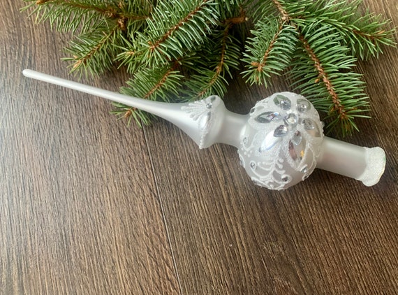 White Christmas Glass Tree Topper 27cm 10.8 Inch, Vintage Tree