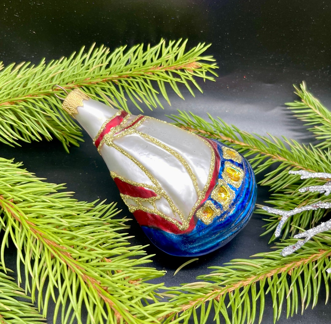 船のクリスマスガラスオーナメント、吹きガラスのクリスマス、手描きの