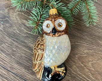 Eule Weihnachtsglas Ornamente, Mundgeblasene Glas Weihnachten, Weihnachtsbaum Glas Ornament, weiße Eule, handgemachte Weihnachts glas Ornament
