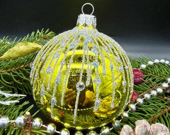 黄色のクリスマスガラスボールオーナメント、手描きのクリスマスガラス