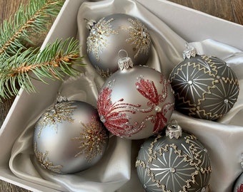 クリスマスガラスオーナメント6個セット、クリスマスギフト、吹き