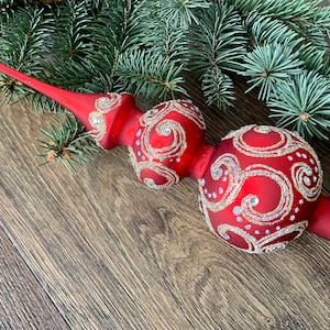 Red Christmas glass tree topper 12 inch, vintage tree topper Christmas tree spire, Xmas 2025, Holiday decor, Gifts ideas, Winter decor