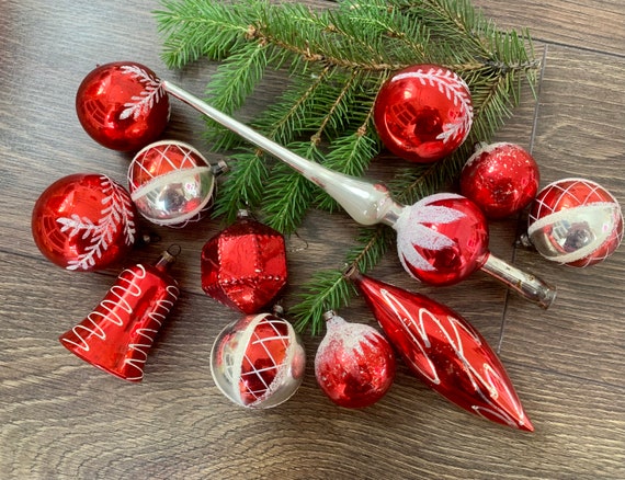 希少！赤いアンティークドイツ製クリスマスガラスツリートッパー。冬の