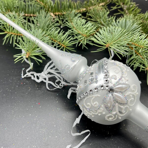 Unique Handmade Silver Glass Christmas Tree Topper - Festive Holiday Decor, Handcrafted winter Decoration