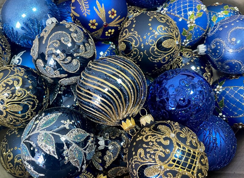 10 Blue Assorted Glass Christmas Ball Ornaments, Assortment Hand