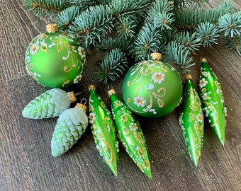 緑のクリスマスガラスオーナメント8個セット、吹きガラスクリスマス
