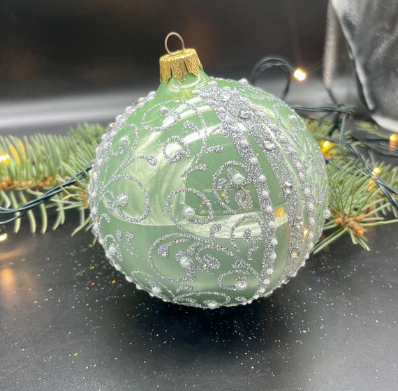 大きな緑の手描きのクリスマスガラスオーナメント、手作りのクリスマス