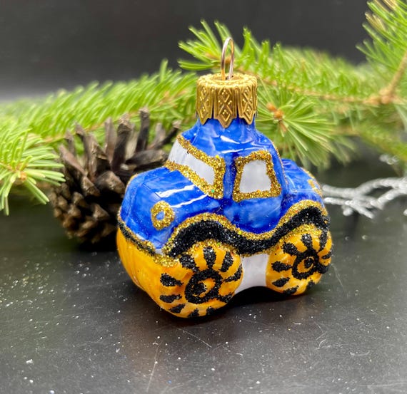 小さな青い車のクリスマスガラスオーナメント、吹きガラスのクリスマス