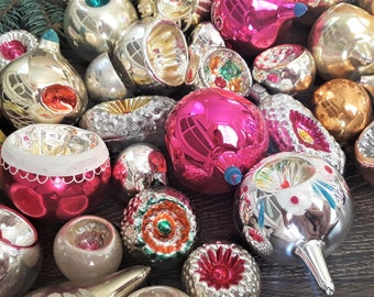 20 assorted christmas glass Indent ornaments 1950s christmas decoration vintage shiny Christmas tree Holiday retro decor silver gold green