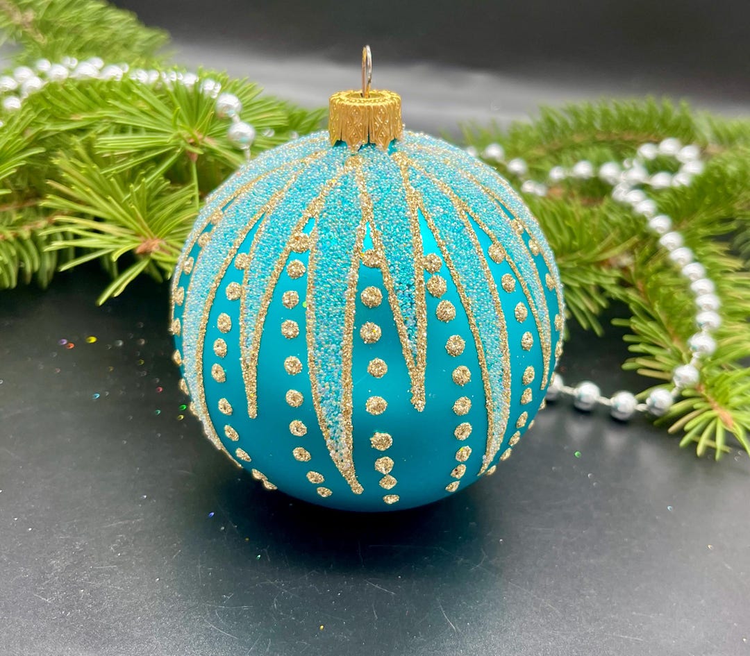 青い手描きのクリスマスガラスオーナメント、カスタム