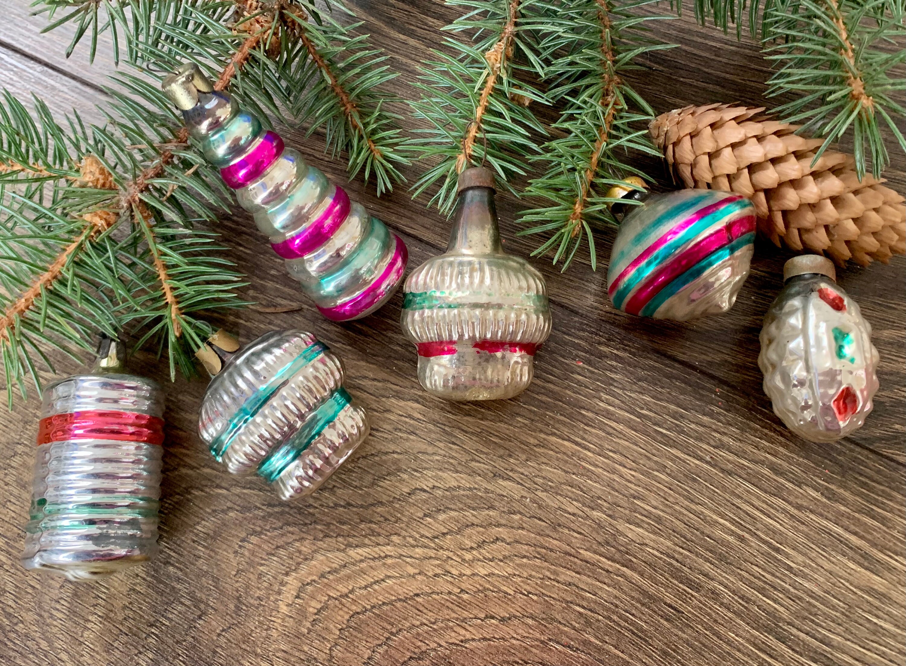 A ★ソビエト ヴィンテージ ミニガラスオーナメント アンティーク　クリスマス クリスマスガラスオーナメント6個セット、ソビエトガラスオーナメント