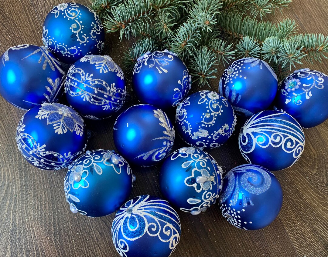 10 Blue Assorted Glass Christmas Ball Ornaments, Assortment Hand
