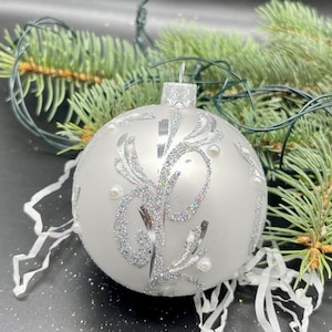 Silver Hand-painted christmas glass ornaments ,Xmas 2025, Winter decor, Gifts ideas, Holiday decor, Handmade Christmas glass ball