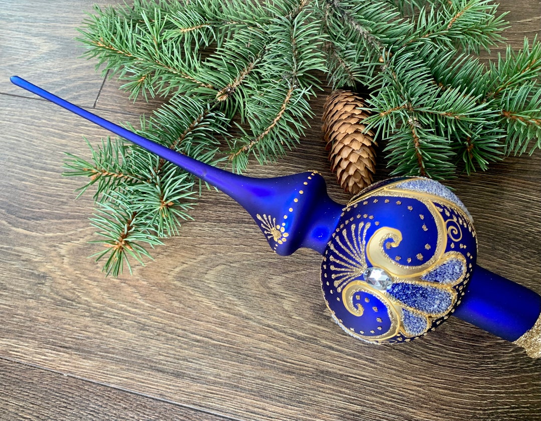 Big Blue Christmas Glass Tree Topper 37 Cm 14.5 Inch,vintage Tree