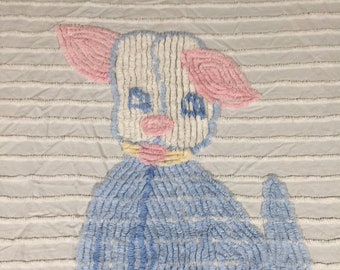 Vintage Chenille BABY Blanket / Crib Bedspread with a Big PUPPY DOG