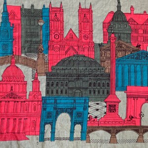 May include: A colorful illustration of London landmarks, including Big Ben, the Houses of Parliament, and Westminster Abbey. The illustration is done in a retro style with bold colors and simple lines.