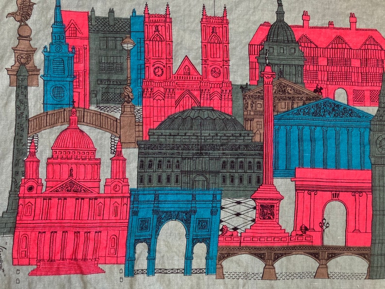 May include: A colorful illustration of London landmarks, including Big Ben, the Houses of Parliament, and Westminster Abbey. The illustration is done in a retro style with bold colors and simple lines.