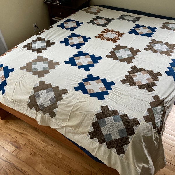 Cute Blue and Brown Album or Friendship Quilt - 88" x 86"