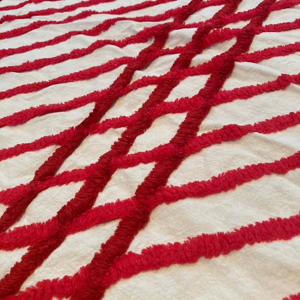 Plush RED Diagonal and Straight Line Designs on WHITE Vintage Chenille Bedspread Fabric - 24” x 40”