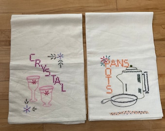 Set of 2 Vintage Cross Stitch Kitchen Towels – Pots, Pans, Crystal