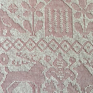 May include: Close-up of a pink fabric with a white embossed pattern. The pattern is a repeating design of small circles and swirls.